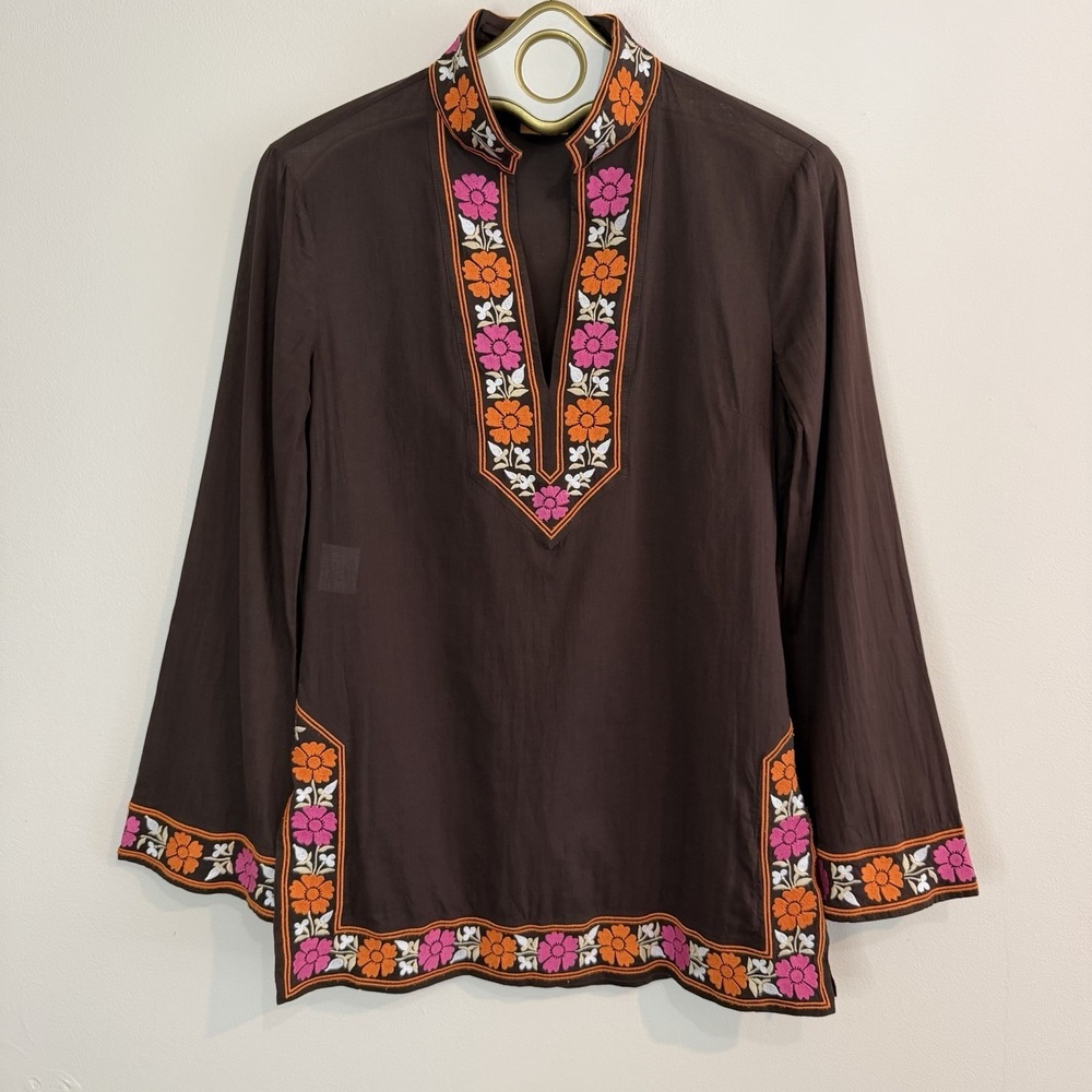 Tory Burch Brown Long Sleeve Cotton Floral Embroidered Tunic Lightweight Sz 8